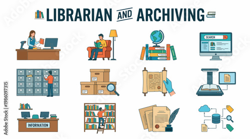 Librarian and Archiving Icons: Books, Records, Information