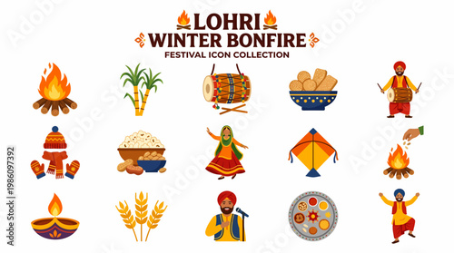 Lohri Festival Icons: Bonfire, Kite, Food, Music, Celebration