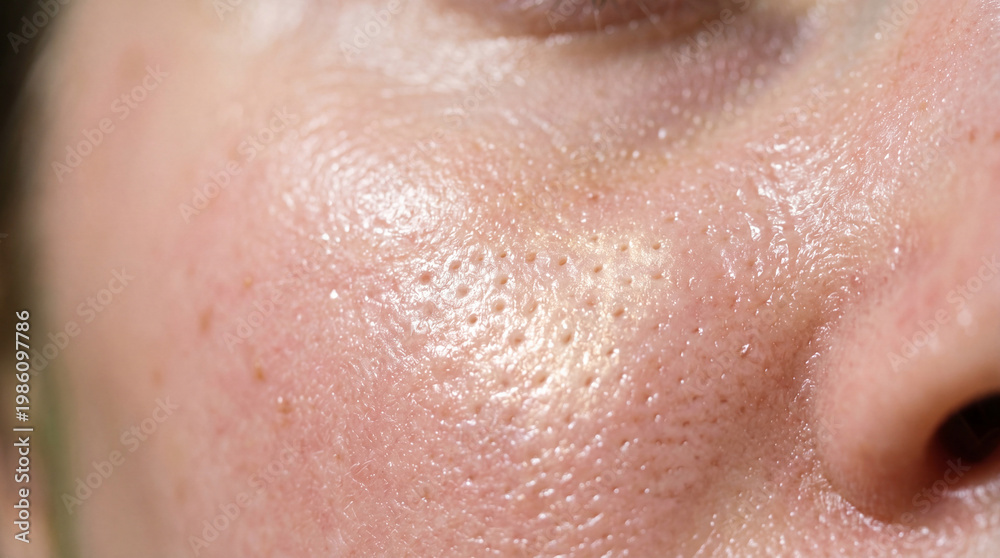 Fototapeta premium Large pores oily skin close up facial texture shiny natural human skin skincare healthy detailed macro complexion
