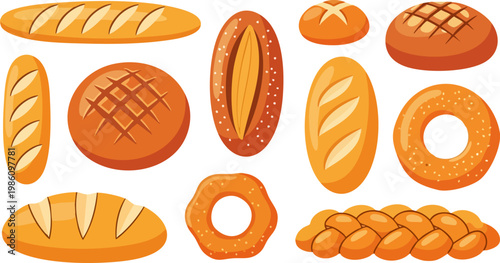 Artisan bakery bread collection, vector set of 11 fresh baked loaves and buns, golden brown crusty baguette and sourdough icons for menu design