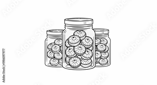 Three jars filled with round objects resembling eyeballs