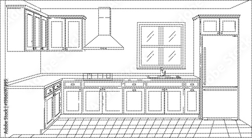 Modern kitchen interior line art vector, architectural kitchen blueprint with cabinets and appliances, minimalist home renovation floor plan sketch
