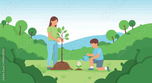 People Planting Trees for Earth Day Environmental Project, Flat Vector Illustration of Woman and Boy Gardening for Sustainability Campaign Banner