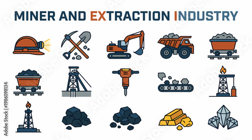 Miner and Extraction Industry Icons Set