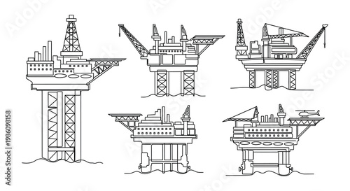 Line art illustration depicting several offshore oil and gas platforms