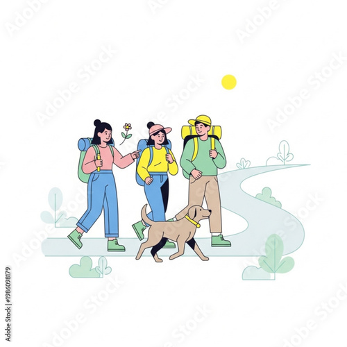 Group of young hikers walking with a dog on sunny outdoor path  