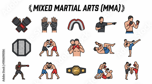 Mixed Martial Arts (MMA) Icons: Fighters, Gear, and Combat Actions