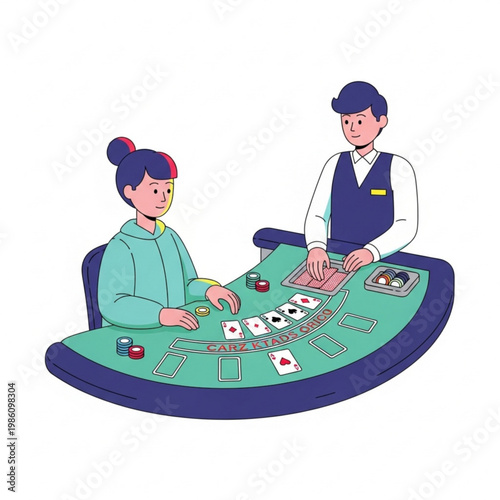 Young woman playing cards with dealer at casino table indoors  