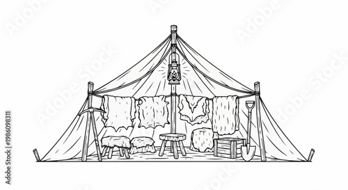 Vintage tent setup with hanging hides, lantern, tools, and crates