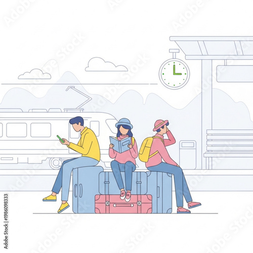 Young travelers waiting at train station with luggage and clock   