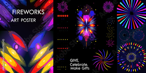 Colorful fireworks art poster with vibrant displays and celebratory text
