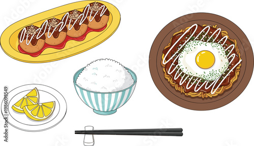 Tableau sur toile Japanese Cuisine Vector Set Featuring Takoyaki, Okonomiyaki, Rice, Lemon, and Ch