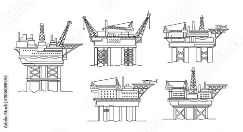 Line art illustration depicting several offshore oil and gas platforms