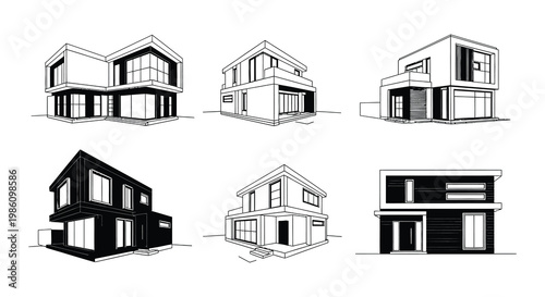 Architectural sketches of modern houses with geometric designs and flat roofs