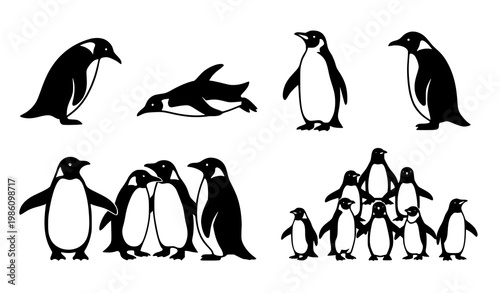 Penguin silhouettes vector set black animal icons isolated on white