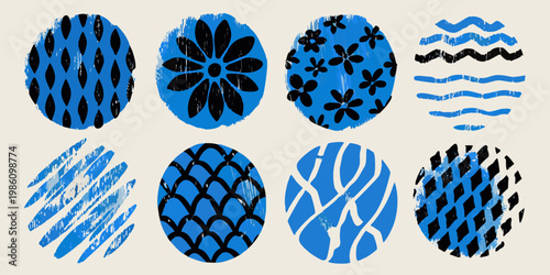 Stylized blue and black patterned easter eggs on a beige background