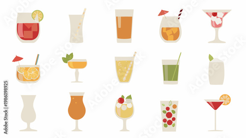 Collection of colorful summer cocktails and refreshing beverages in glasses