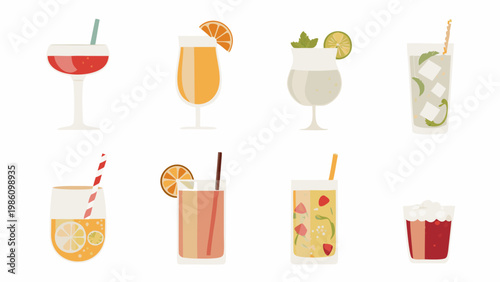 Collection of colorful summer cocktails and drinks in various glasses
