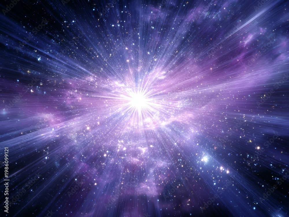 Fototapeta premium Explosion of light in deep space with purple nebula and stars