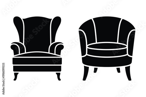 Two black silhouette armchairs wingback and club chair living room armchair