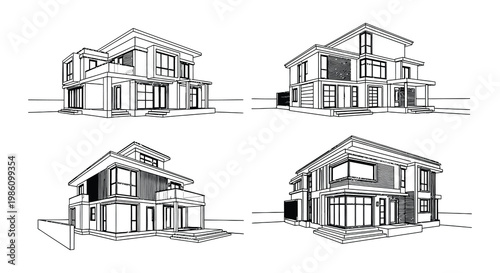 Architectural sketches of modern houses with geometric designs and flat roofs
