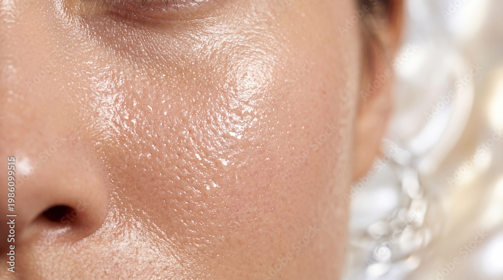 Fototapeta premium Oily skin closeup, showing shiny texture, visible pores, and natural complexion, highlighting skincare concerns and healthy hydration in macro beauty shot
