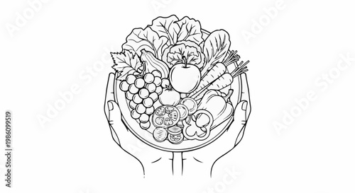 Two hands cradle a bowl overflowing with fresh fruits and vegetables