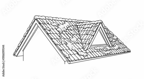 A black and white sketch of a tiled roof covered in snow