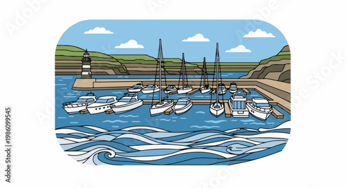 A charming coastal harbor illustration features boats docked, a lighthouse, and rolling green hills