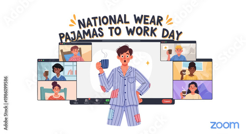 Humorous vector illustration celebrating National Wear Pajamas to Work Day, depicting a surprised man in striped sleepwear holding a coffee mug, surrounded by video call screens