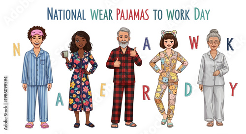 A vector illustration depicts diverse people celebrating national wear pajamas to work day, showcasing relaxed dress code with cozy sleepwear against a clean white background