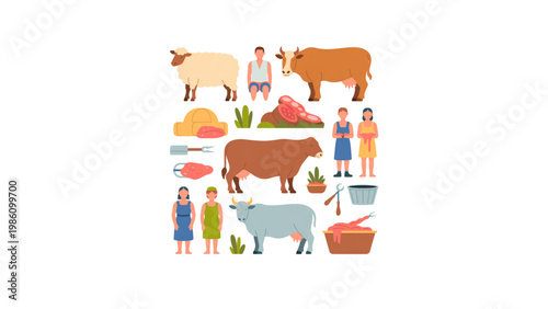 Illustrated collection of farm animals and farming activities Vector