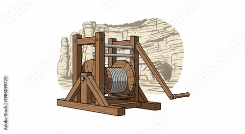 Wooden winch mechanism with wound rope against a rocky cliff face