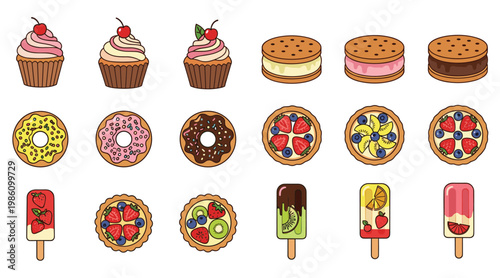 Dessert cake pie tart popsicle donut cupcake fruit sweet icon set vector illustration menu print pack
