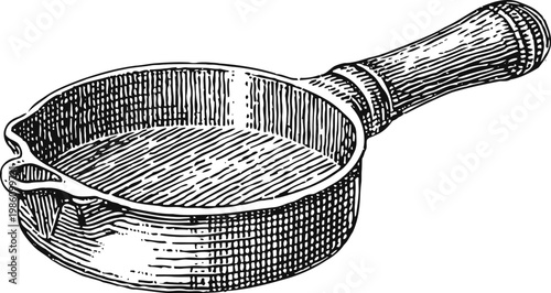 vintage frying pan with wooden handle, hand drawn kitchen cookware illustration