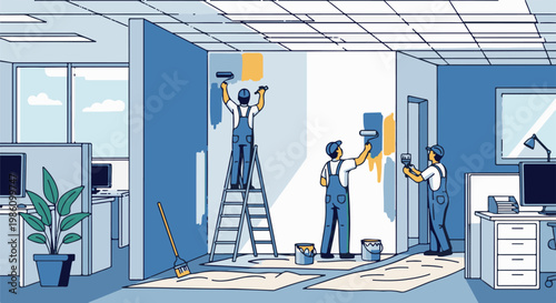 Workers repaint office cubicles with blue and yellow paint