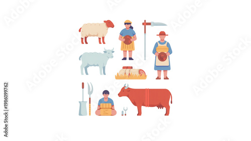 Children playing with farm animals in a colorful illustration Vector