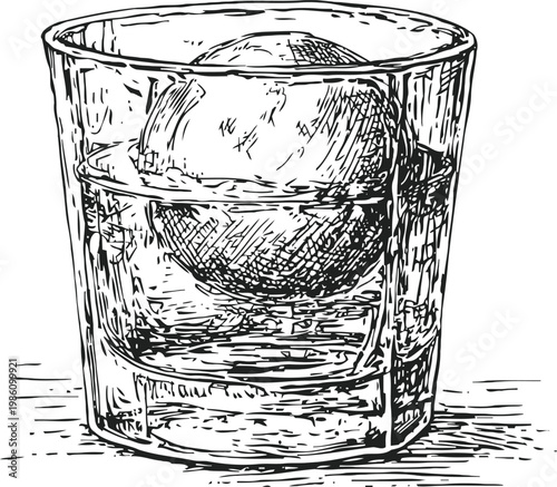 Glass with a large spherical ice cube hand drawn illustration of a whiskey or cocktail drink with ice