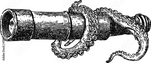 Vintage telescope wrapped with octopus tentacles nautical maritime illustration in black and white engraving