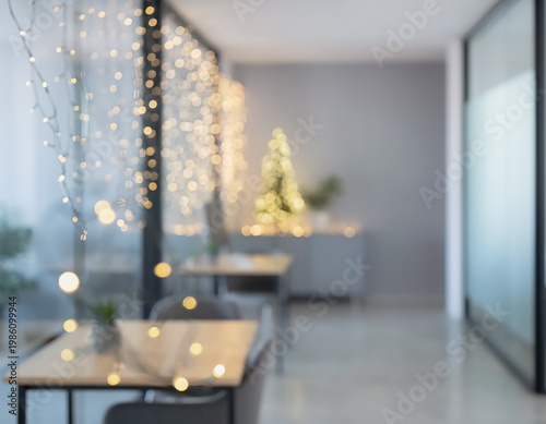 Abstract blur of office holiday scene with warm lights and festive atmosphere. Perfect for corporate celebration, seasonal design and business event backgrounds.
