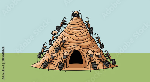 Ants diligently building their nest, a communal effort with many carrying materials