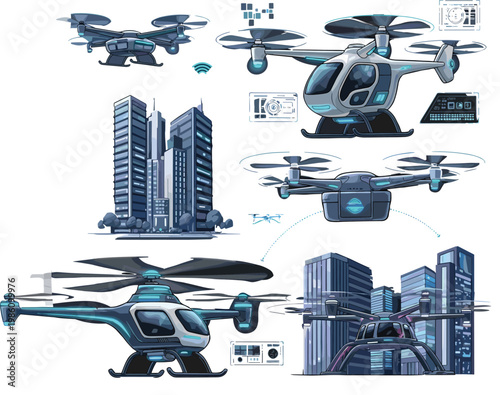 Advanced Autonomous Passenger Drone and Delivery Quadcopter Vector Set with Futuristic City Skyscrapers and Digital Interface HUD Elements for Modern Urban Air Mobility Designs