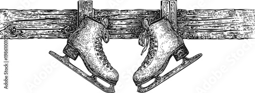 Vintage ice skates hanging on wooden fence retro winter sports equipment, classic footwear for outdoor ice skating