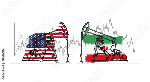 Two pumpjacks, one painted as US flag, other as Iran flag, with stock chart