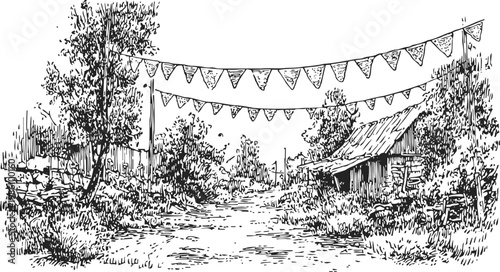 Rustic village pathway with bunting flags, trees, wooden house, and stone fences in countryside setting