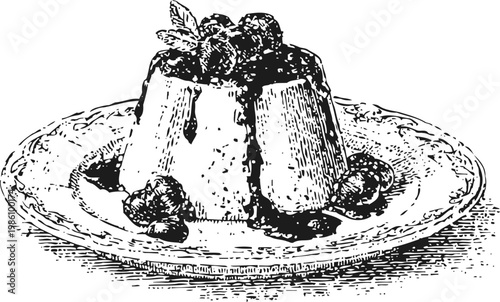 Classic panna cotta dessert with berry toppings on decorative plate illustration