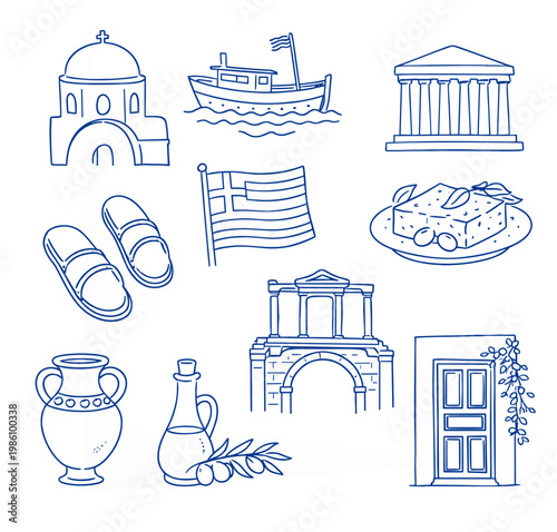 Greece Travel Icon Set – Hand Drawn Line Icons with Landmarks, Food and Mediterranean Symbols