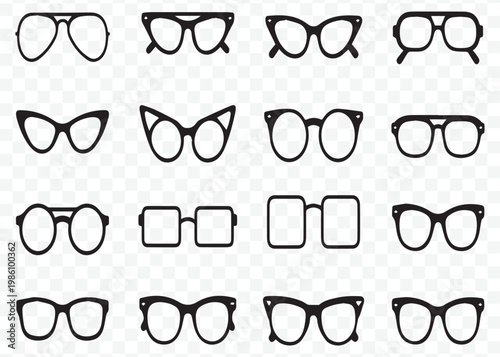 Set of various eyeglass frames icons, black spectacle silhouettes, fashion eyewear collection vector illustration.