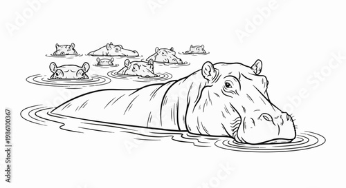 A group of hippos submerged in water, with only their heads visible