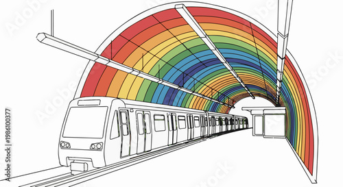 Train arriving at a colorful rainbow subway station